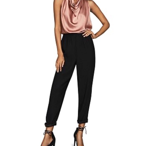 Reiss Harley Draped Bow Back Jumpsuit NWT Size 10 Straight Leg Pockets Two Tone